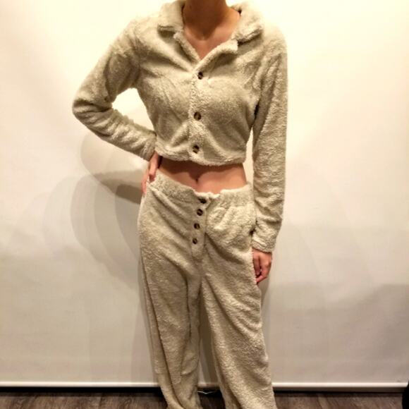 Unbranded Other - Fuzzy Fleece New 2 Piece Sherpa Lounge Set Crop Top Button Down Outfit Size M